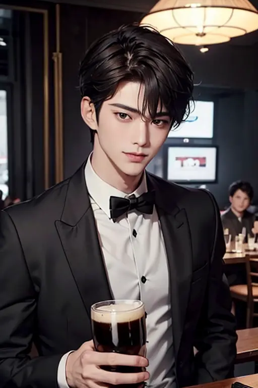 handsome man toasts with draft beer、solo person，in the tavern、with short brown hair，（neat black suit），charcoal gray high neck sh...