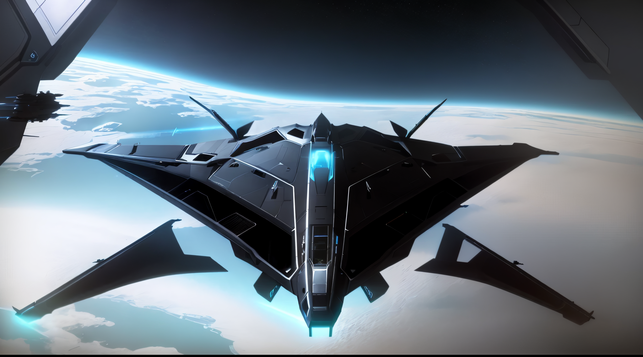 a close up of a spaceship flying in space stars and a planet way off in the background, lockheed concept art, dark ominous stealth, year 2040, ((( 1 spaceship))),