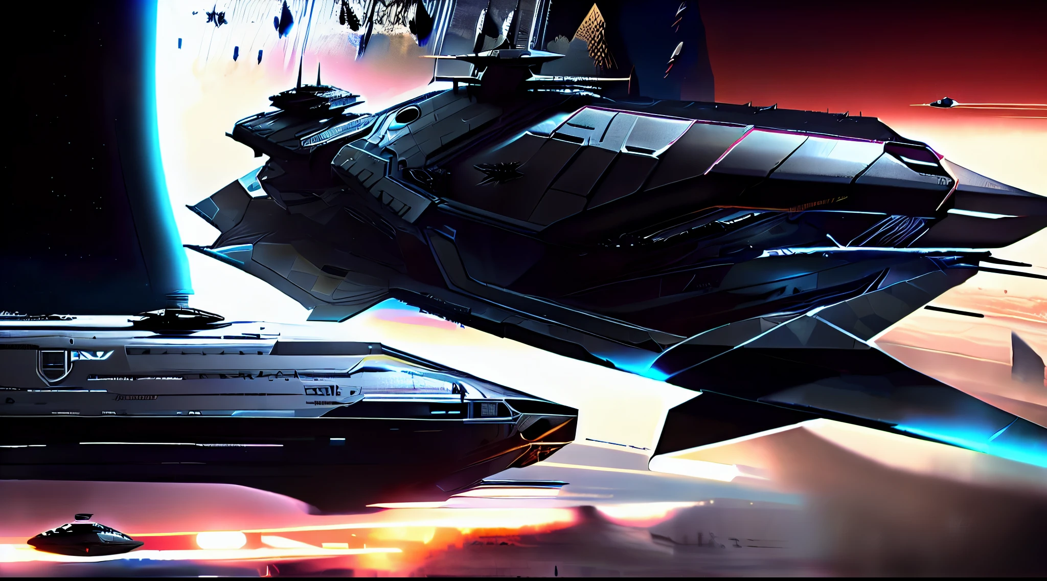 a close up of a spaceship flying in space stars and a planet way off in the background, lockheed concept art, dark ominous stealth, year 2040, ((( 1 spaceship))),