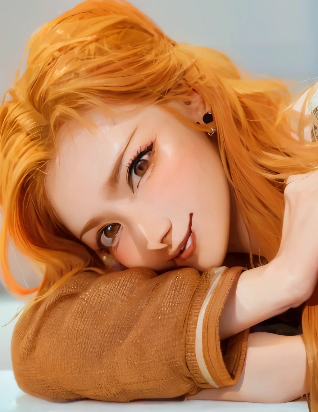 a closeup of a redhead woman holding a cell phone, she has long redcabello naranja, portrait of Jossi de Blackpink, Jossi de Blackpink, Lalisa Manobal, tzuyu de dos veces, Parque Roseanne de Blackpink, Bae Suzy, foto de perfil, Sun Yunjoo, cabello naranja, Retrato Jisoo Blackpink, she has long orange brown hair, JIA