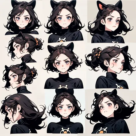 Cute girl avatar，Emoticon pack，（Cat's ears），(9 emojis，emoji sheet，Align arrangement)，9 poses and expressions（angry,angry,angry,angry,angry,angry,angry,angry,angry），anthropomorphic style，Disney style，Black strokes，various emotions，9 poses and expressions，8K