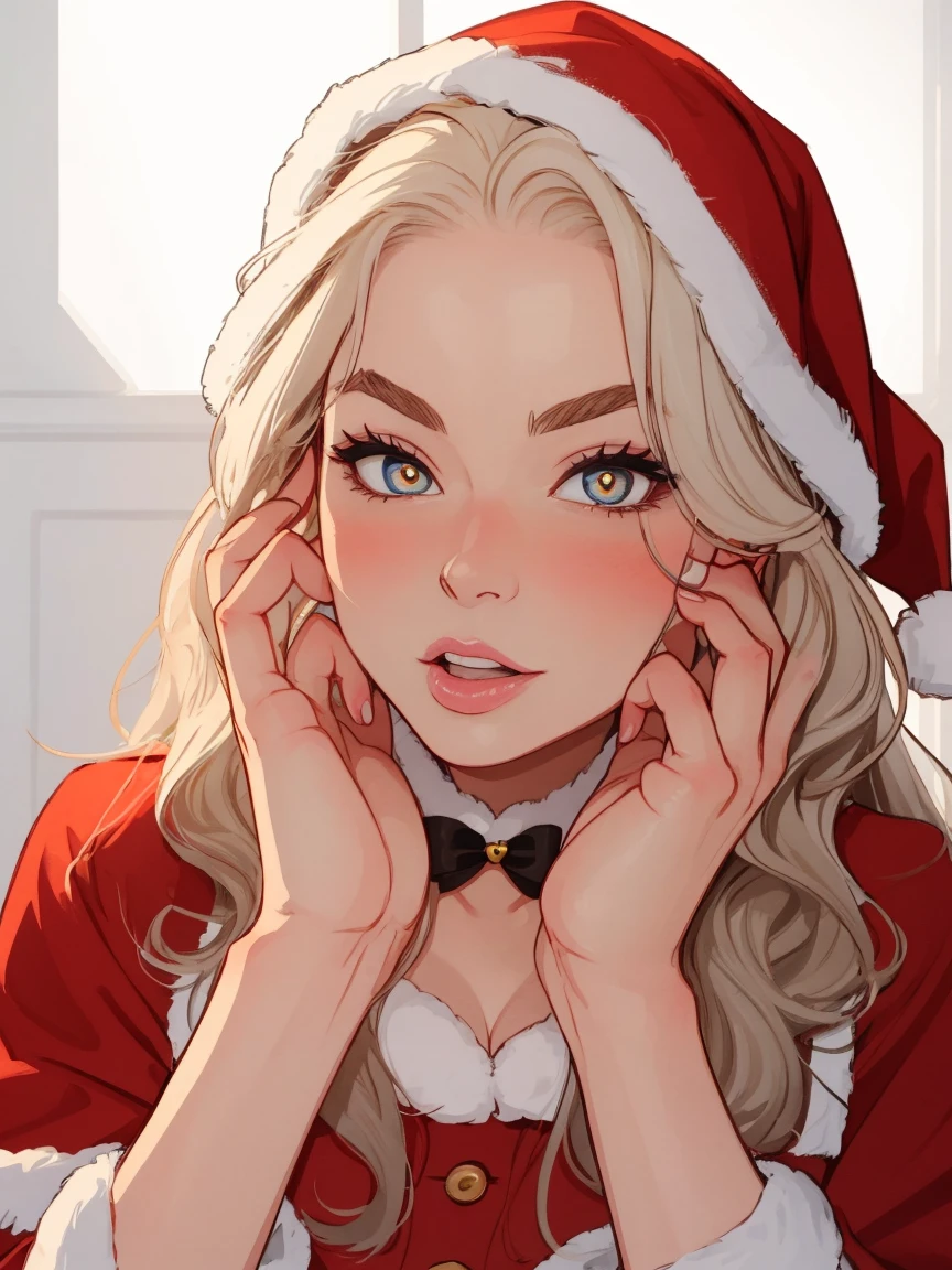 Mrs Claus, long wavy white hair, milf, busty, upper body, white eyebrows -  SeaArt AI