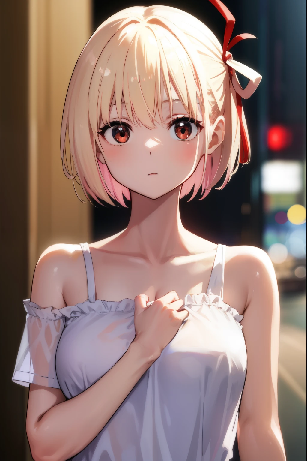 Satanic, Chisato, Short hair, bangs, Blonde hair, (Red Eyes:1.5), Hair Ribbon, one side up, bob cuts,
BREAK shirt, Bare shoulders, Twin-tailed, clavicle, Hair Ribbon, White shirt, frilld, off shoulders, Red Ribbon, short Twin-tailed, off shouldersシャツ, frilled shirt,
BREAK outdoors, city,
BREAK looking at viewer, BREAK (masutepiece:1.2), Best Quality, High resolution, Unity 8k Wallpaper, (Illustration:0.8), (Beautiful detailed eyes:1.6), extra detailed face, Perfect Lighting, extremely details CG, (Perfect hands, Perfect Anatomy),
