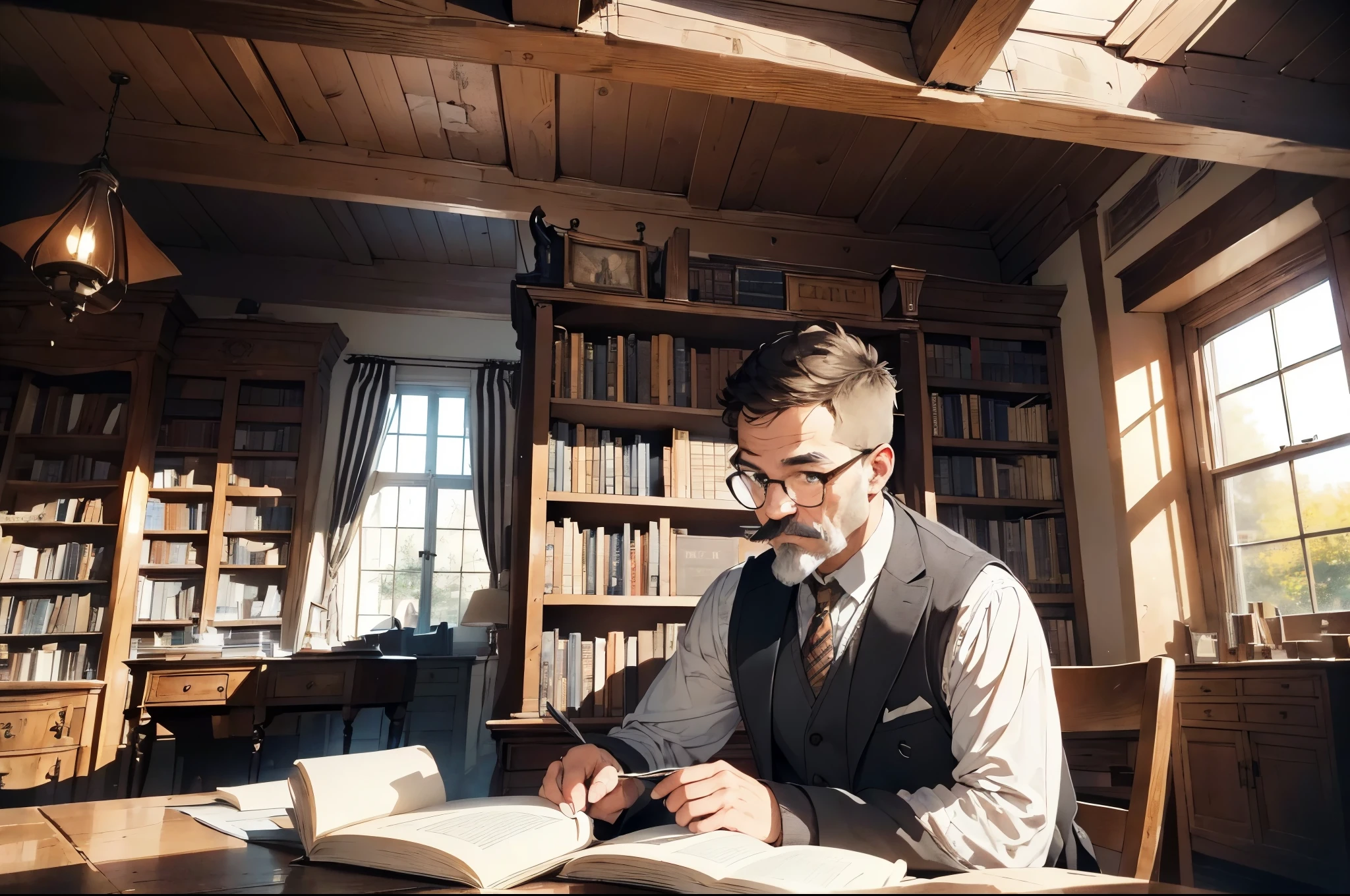 Autumn of 1910, cold weather, soft light, steampunk, (dark academia), Edwardian, ((Library)), very old farmhouse, (South of France), limewashed walls, black and white tile floor, (tall ceiling), bookcases with glass doors, ((desk)), books on desk, art history books, vintage lampshade, 50-year-old man, reading, reading nook, ((looking down at book)), ((hook mustache)), white shanks, thin beard, short beard, ((pointy beard)), ((brown hair)), short hair, wavy hair, ((hair combed from right to left)), ((Italian nose)), ((small chin)), small brown eyes, ((small glasses)), thin mouth, high cheekbones, absent-minded, looking down, elegant, (grey tweed waistcoat)