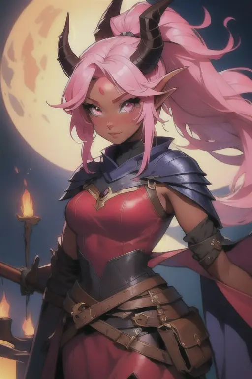 Create a red skinned tiefling with horns with pink hair in a ponytail. Leather full cover armor and a witch hat.