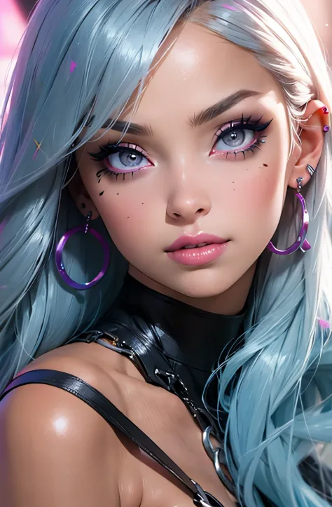 a close up of a woman with a piercing on her face, sexy face with full makeup, portrait of kim petras, hyperrealistic , looks li...