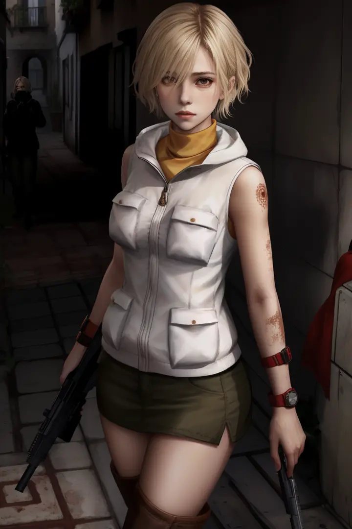 heatherm, 1girl, sozinho, blonde hair, saia, short hair, mangas, mangas turtleneck, arma, arma, sangue, turtleneck, botas, minis...