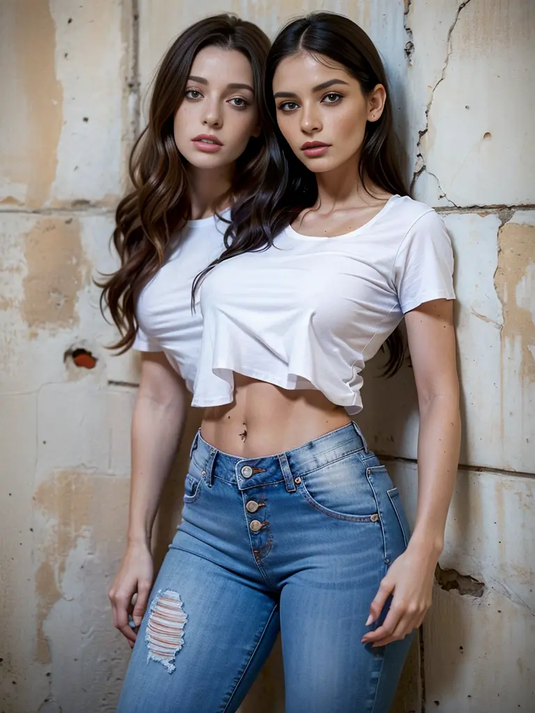 (Two Heads), araffed woman in white shirt with a rose on the shirt and jeans leaning against a wall, skinny waist and thick hips...