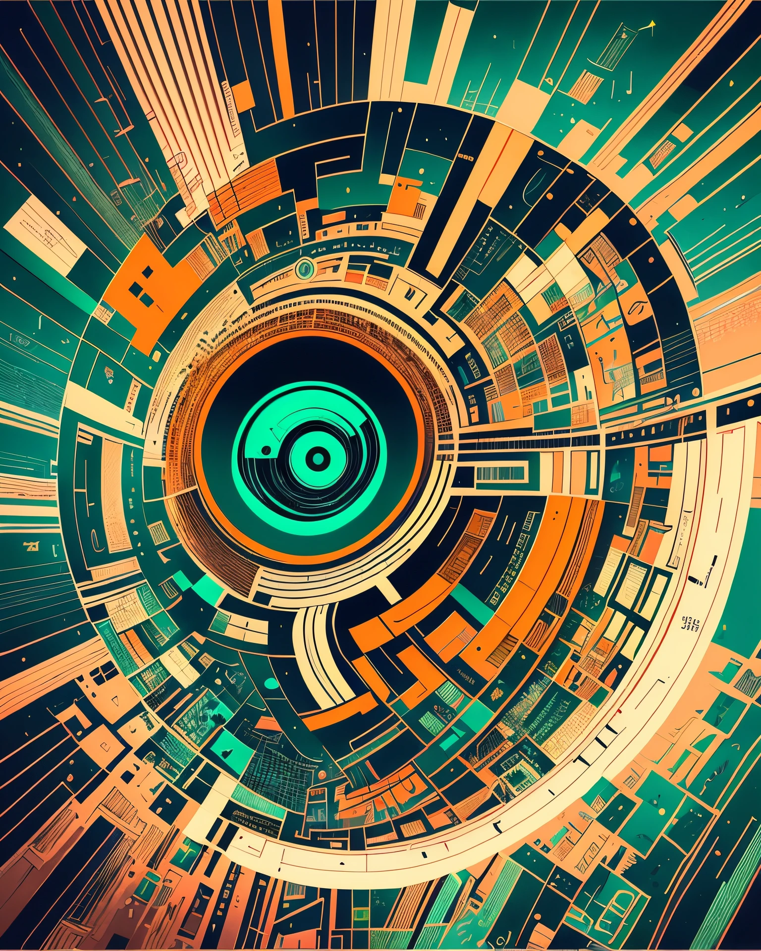 Creative illustration of code world, digital art style by dan mumford, alex janvier, sketch, blue green and orange outlines, metalique texture, high definition, intricat details, bright colors, logo style, negative space --auto --s2