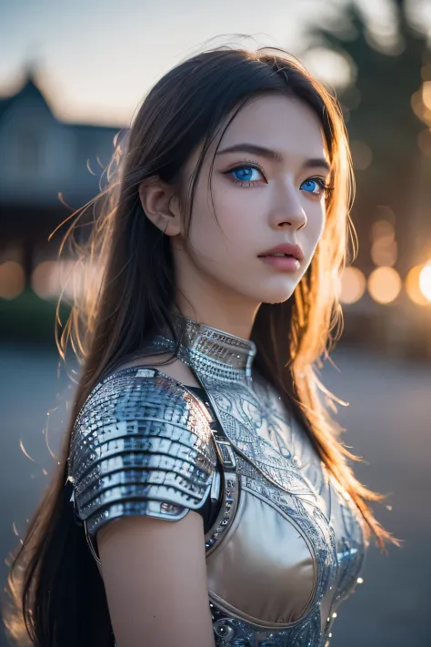 (tmasterpiece), (extremly intricate:1.3), (actual), portrait of one girl, the most beautiful in the world, (Medieval armor), metal reflective, The upper part of the body, Outdoor activities, Strong sunshine, Distant castle, Detailed professional photo of a...