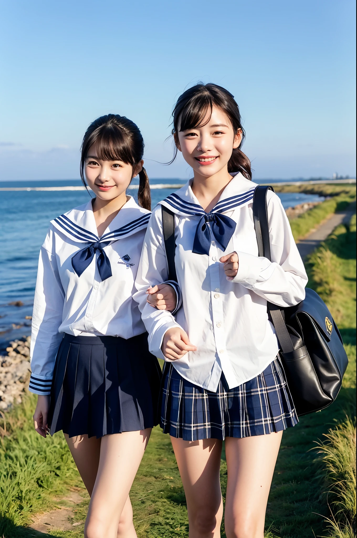 Two asian girls in school uniforms walking along a path near the water -  SeaArt AI