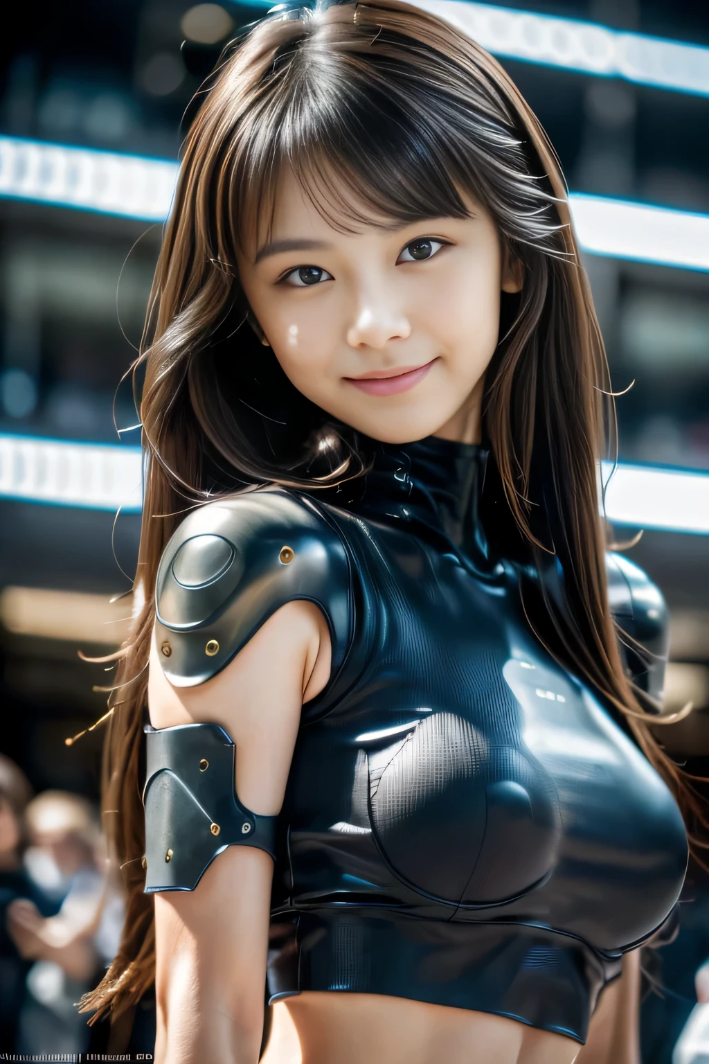 cyborgs, android, 机器人, (masutepiece:1.3), (8K), (Best Quality:1.4), (nffsw:1.2), (Photorealistic:1.3), (Raw photography), (1girl in), (ultra high detailed), (Detailed face), Very perfect beautiful and cute face, (detailed hairs), Beautiful hair, Bangs, (Symmetrical eyes:1.3), (Detailed eyes), (Detailed skin), Realistic skin, Shiny skin, Ultra high definition, (medium breasts), (slim figure), (Supermodel Figures), Gentle smile:1.2, (Very beautiful and cute young girl with a Japan with a gentle look), 20yr old, 

(Wearing cyberpunk clothes ), At the Shibuya intersection