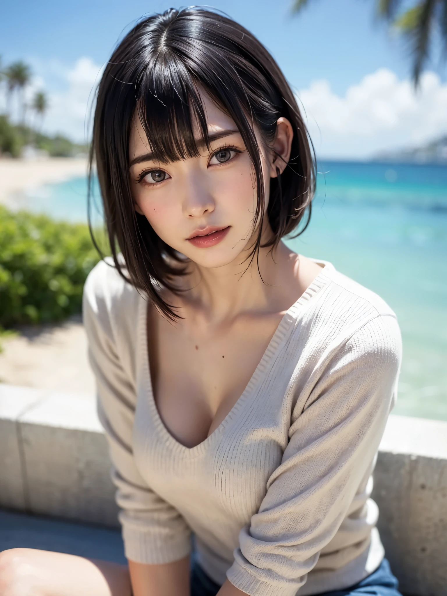 女の子1人、top-quality、realisitic、独奏、depth of fields、natural soft light、during daytime、魅惑的、beauitful face、Cleanliness、Pure face、de pele branca、kawaii、short-hair、bangss、the beach、rays of sunshine、Nedium Breast Body Esbian、((Beautiful face with sweater golden ratio Beautiful face with symmetry))、long neck、Put your ears out、bangssのあるきれいな短いボブヘア、Smile with your mouth closed、perfect hand指、perfect hand、Perfect body、face perfect、Shine a light into the eyes、Perfect Anatomy:1.4、とてもkawaiiスーパーモデル:1.4