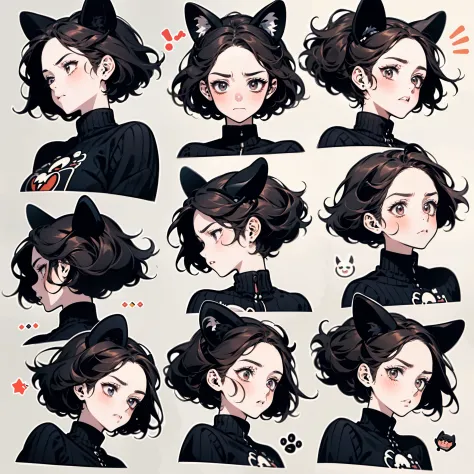 Cute girl avatar，Emoticon pack，（Cat's ears），(9 emojis，emoji sheet，Align arrangement)，9 poses and expressions（angry,angry,angry,angry,angry,angry,angry,angry,angry），anthropomorphic style，Disney style，Black strokes，various emotions，9 poses and expressions，8K