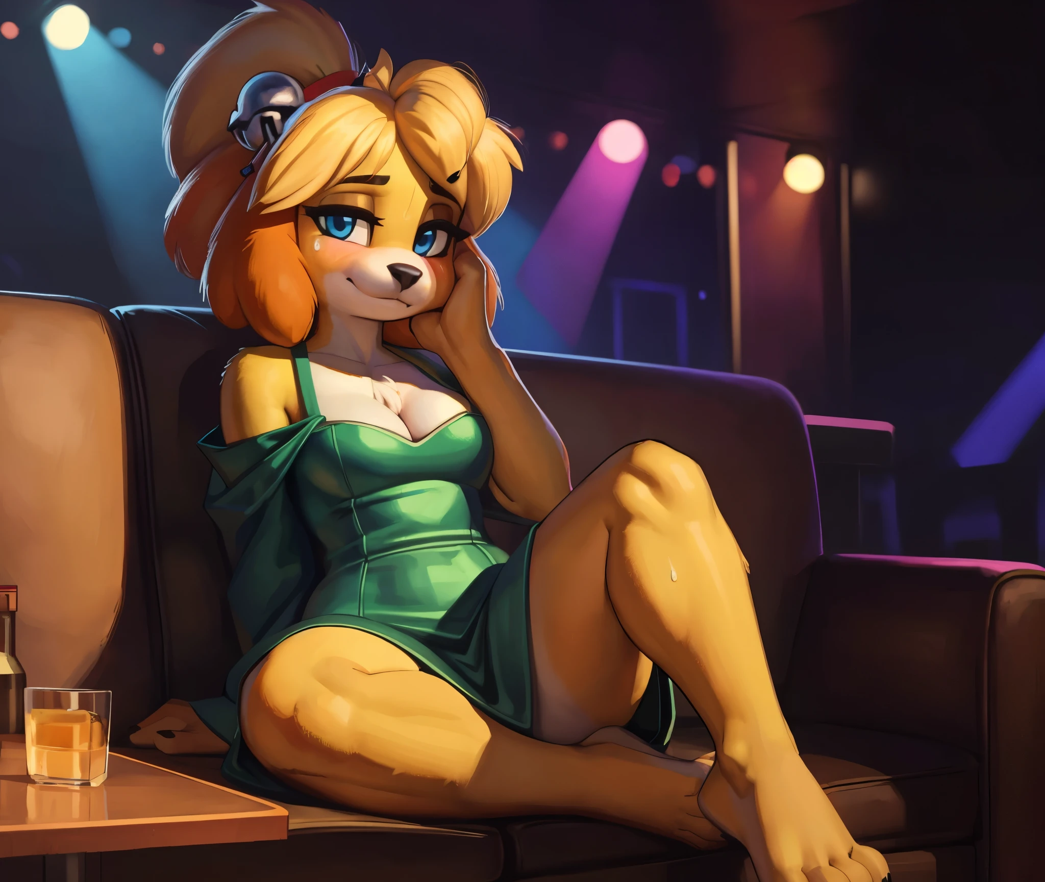 [isaCrossing], [Isabelle], [Animal Crossing], [Uploaded to e621.net; (Pixelsketcher), (wamudraws)], ((masterpiece)), ((HD)), ((highres)), ((solo portrait)), ((front view)), ((feet visible)), ((furry; anthro)), ((detailed fur)), ((detailed shading)), ((beautiful render art)), {anthro; (slim figure), yellow fur, black nose, (cute blue eyes), small brown eyebrows, blonde hair, (bells in hair), topknot, fluffy tail, (curvy hips), (sweat on forehead), (beautiful legs), (beautiful feet), (drunk expression), (blushed face), (smug smirk)}, {(red ribbon in hair), (green satin off-shoulder dress), (cleavage)}, {(sitting on couch), (hand on face), (pigeon-toed), (looking at viewer)}, [background; (club), (party), (neon lights), (ambient lighting)]