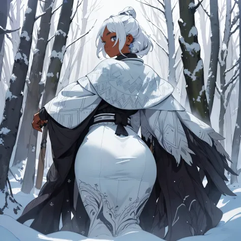 A tribal woman with black and white hair standing in a snowy forest near a hot spring.

Materials: Illustration, 

Additional de...
