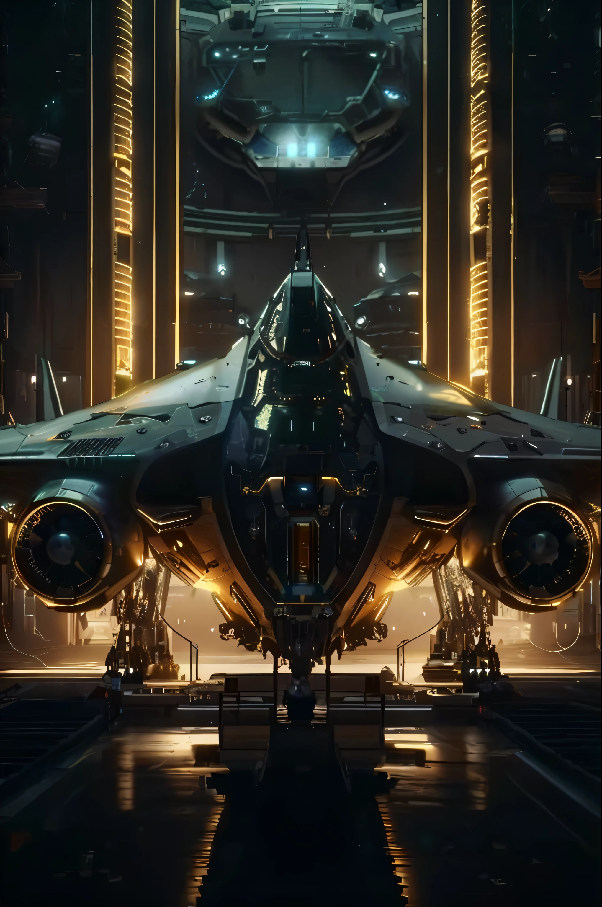 a close up of a fighter jet in a hangar with lights, an epic space ship scene, star citizen digital art, star citizen concept art, 8 k high detail concept art, spaceship hangar, futuristic spaceship, futuristic starship, spaceship being repaired, cyberpunk concept inspired jet, cinematic scifi shot, arstation and beeple highly, cinematic front shot, detailed cinematic shot