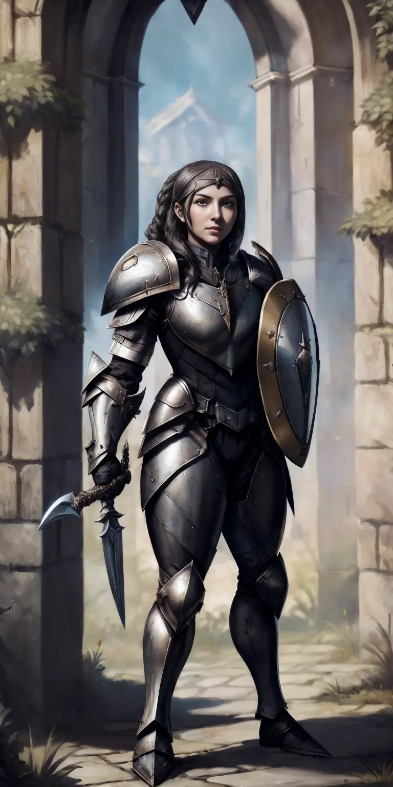 (fighting stance, holding,weapon,spear, shield:1.2),gwendolyn,headband, armor, breastplate, pants,, gloves, pauldrons, gauntlets...