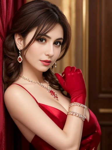 Lebanese lady, diamond dangling earrings, necklace, bracelets, small breasts, red satin dress, sad, hot, blush, side swept hair style, cleavages, radiant skin, 40 years old, innocent face,  long gloves, arm satin red gloves