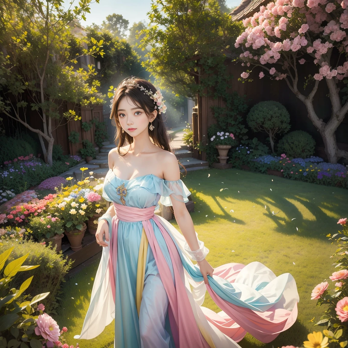 1girl, solo, full body, (masterpiece:1.21), (best quality:1.2), colorful, (illustration:1.2), (cinematic lighting:1.1), (bare shoulders:1.21), (collarbone:1.21) in this whimsical A beautiful and dreamlike garden, the scene is illuminated by a rainbow (colorful fireflies) dancing in the air. Pastel (drizzle) adorns the garden, creating a hazy and ethereal atmosphere. In the center of the picture, stands a single girl, an extremely beautiful girl, with lovely facial features and an innocent expression. Her long hair fluttered in the wind. She wore a low-cut strapless dress that accentuated her curves. The lighting is very delicate and beautiful, creating a soft warm glow that accentuates the water and makes it sparkle like a diamond. The finest grasses are also illuminated to create a lush carpet. The garden is surrounded by colorful flower fields with flowers of all colors and shapes. Various colors and sizes (coloured butterflies) can be seen flying around the scene, adding to the overall sense of wonder and magveryone, judges), a blush can be seen on the bridge of the nose, and the mouth is slightly opened, which adds to the overall sense of innocence and youth. Falling petals can be seen waving around her, adding to the overall sense of romance and beauty. The breeze is blowing, the leaves are rustling, and the flowers are swaying, adding to the overall dynamism and vitality. It is a scene of pure wonder and magic, full of color and beauty, where the viewer can lose themselves in this enchanting and captivating world.