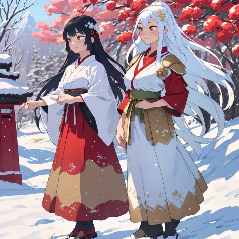 best quality,ultra-detailed,realistic,photography,shimmering armor,snow-covered trees,two women in traditional edo period clothi...