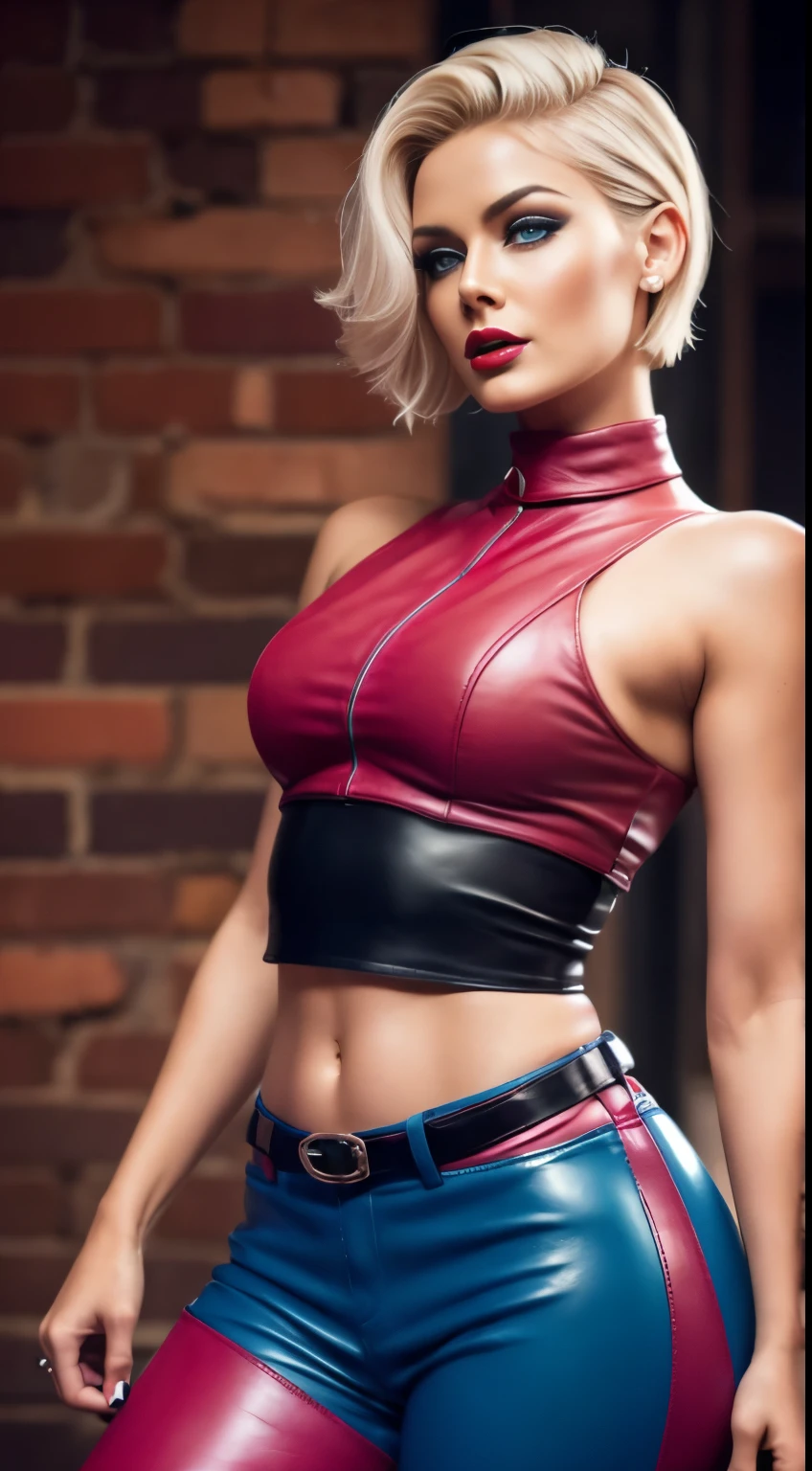 Retro, beautiful female model, Glamorous body, Plump body, Pink Short Hairstyles, slick skin, blue eyess, Fancy makeup, heavy eye makeup, red-lips, Leather pants, leather crop top, long boots, Leather Accessories, realist, super realistic 8K, super detailed and realistic, Posture sculpture, Big ass, Streets in a country town