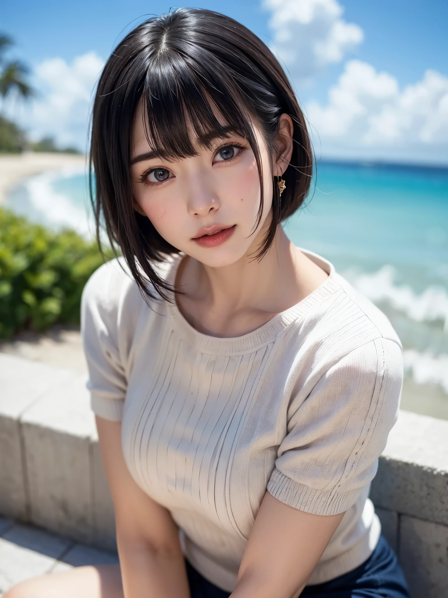 女の子1人、top-quality、realisitic、独奏、depth of fields、natural soft light、during daytime、魅惑的、beauitful face、Cleanliness、Pure face、de pele branca、kawaii、short-hair、bangss、the beach、rays of sunshine、Nedium Breast Body Esbian、((Beautiful face with sweater golden ratio Beautiful face with symmetry))、long neck、Put your ears out、bangssのあるきれいな短いボブヘア、Smile with your mouth closed、perfect hand指、perfect hand、Perfect body、face perfect、Shine a light into the eyes、Perfect Anatomy:1.4、とてもkawaiiスーパーモデル:1.4