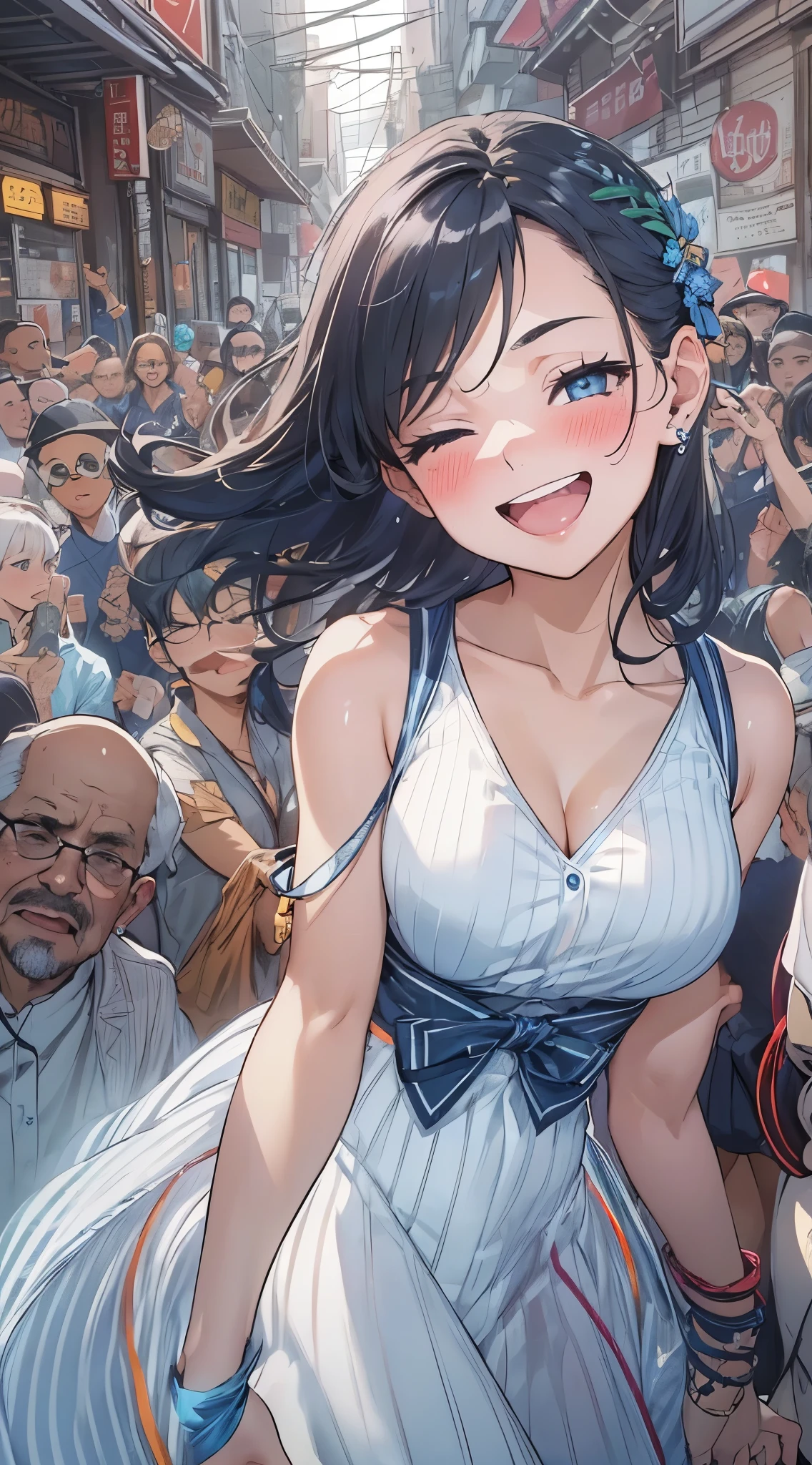 1womanl,Black hair,14years ,(()),Beautiful breasts,(((sexy white and blue shiny dress)))(())(((Blushing cheeks、Smile with open mouth)),(((Satin Narico))),((( portlate))),Crowds,white and blue dress