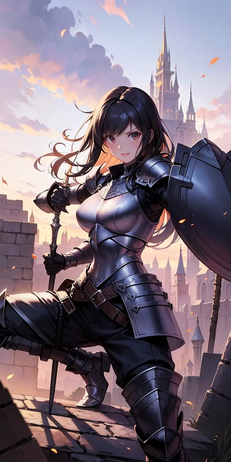 (fighting stance, holding,weapon,spear, shield:1.2),gwendolyn,headband, armor, breastplate, pants,, gloves, pauldrons, gauntlets...