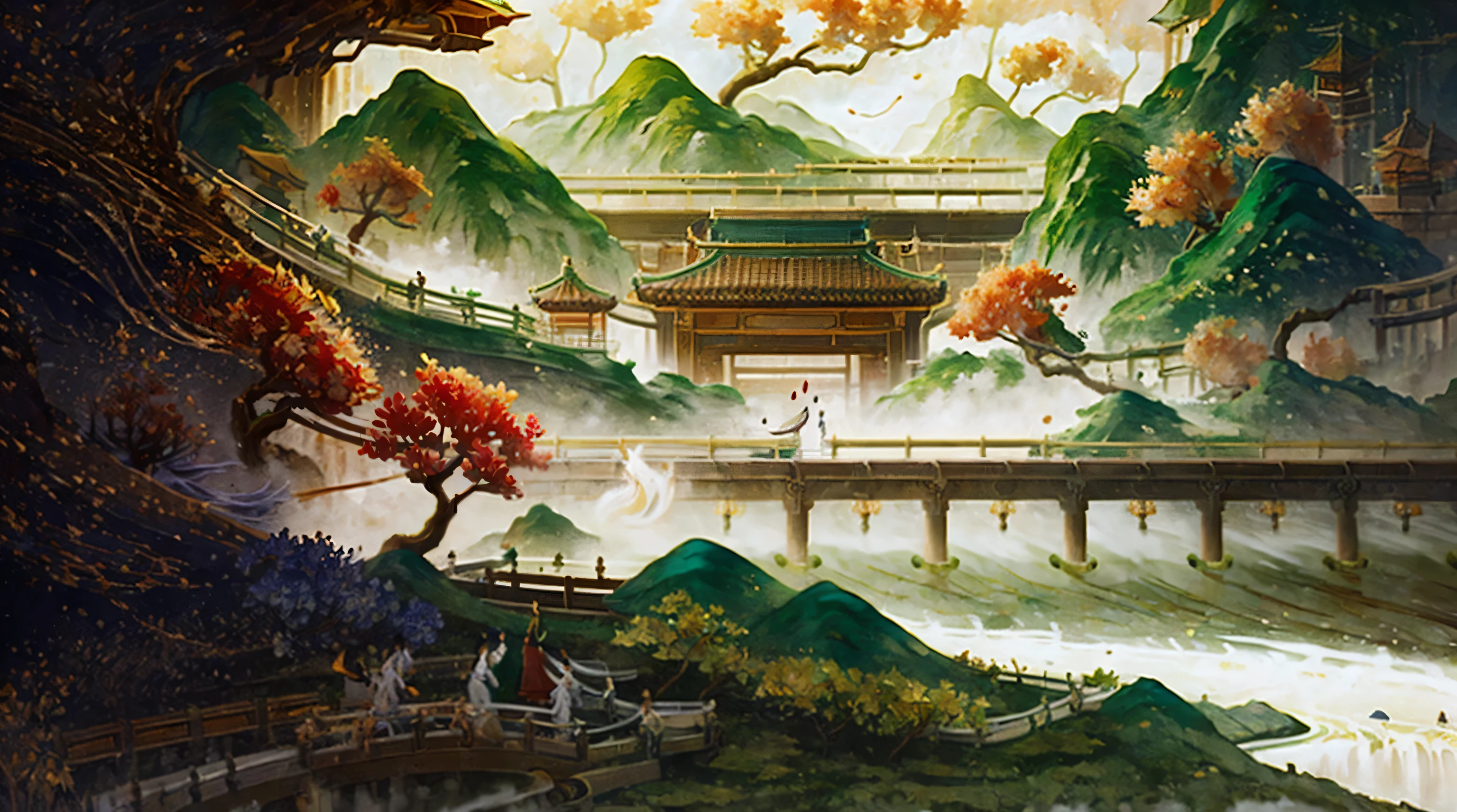 Tang Dynasty Chun、Jingming&#39;s painting，Picturesque scenery on the mountain，Complementing the mist on the mountainside。Under the hill，The architecture of the Tang Dynasty is well-proportioned，Show the glory of the prosperous Tang Dynasty。A monk walks quietly on the road，Seems to be seeking inner peace。The other side，一人一cavalos悠闲前行，cavalos&#39;Hooves tremble slightly，Peach blossoms fall with the wind。This photo looks peaceful and peaceful，Actually, There are hidden dangers and dangers。The atmosphere around is a bit cold，Chilling。HD graphics card，4K分辨率，Delicately describe every detail，Makes you feel like you are in the prosperous Tang Dynasty，Feel the unique charm and danger。