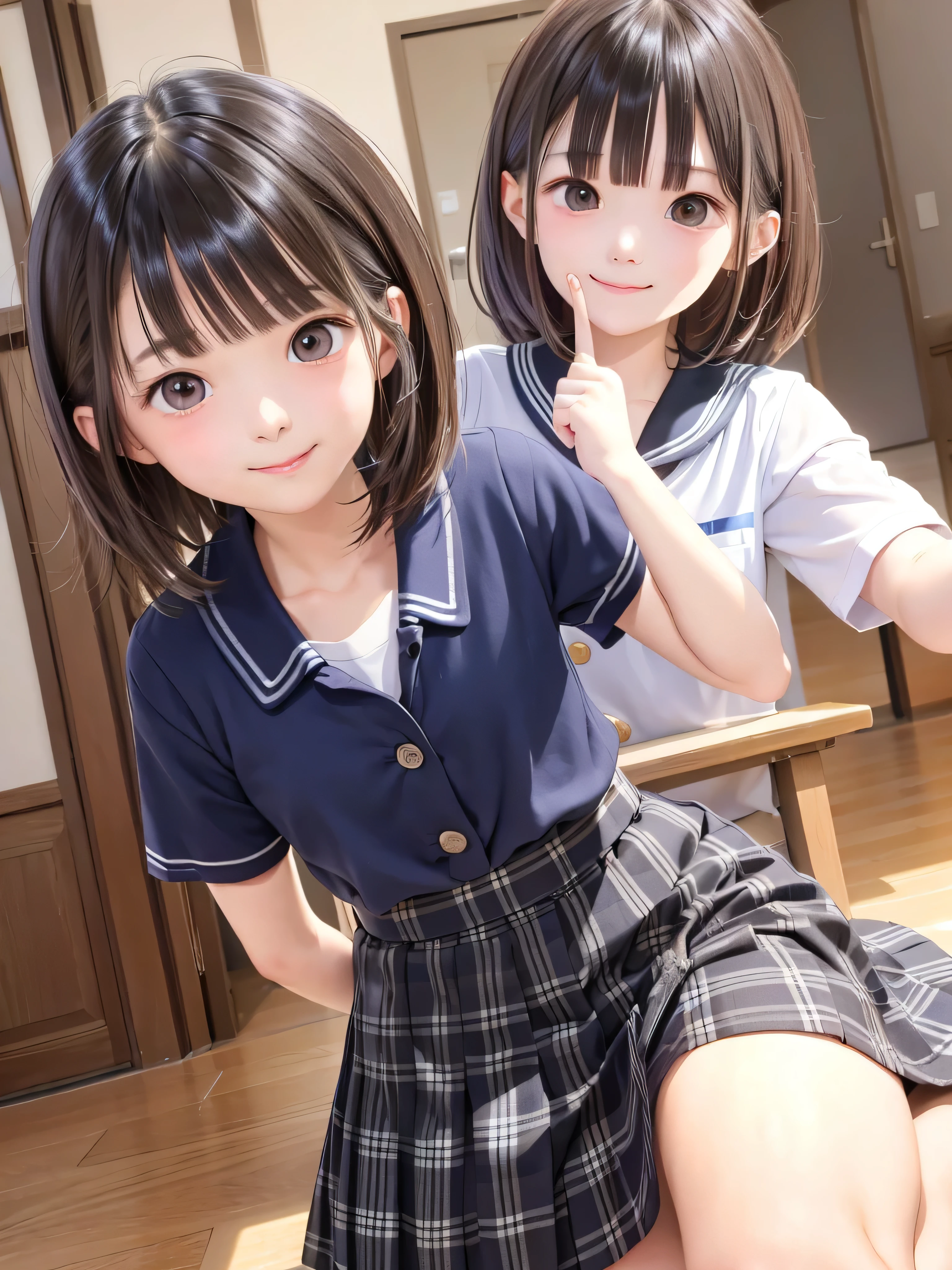15yo student、a beauty girl、brown haired、beautidful eyes、real looking skin、、(8K、​masterpiece)、(reallistic、フォトreallistic)、top-quality、ighly detailed、The ultra-detailliert、Beautie、cute little、japanes、A smile、Close-up portrait、Healthy face、、plaid skirts