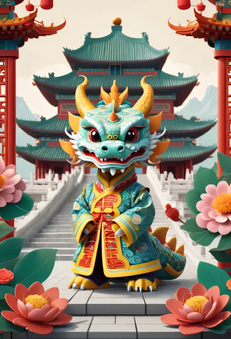 Create graphic style illustrations using symbolic planes and flat color blocks. Depicts a super cute Chinese dragon，The background is the Temple of Heaven in China. Incorporate symmetrical geometric patterns, Ruyi pattern, and Chinese clothing elements, In...