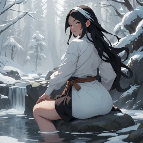 (hot spring,snowy forest,tribal woman,black and white hair,bewitching thighs,exposed butt,beautiful butt,back view,looking at vi...