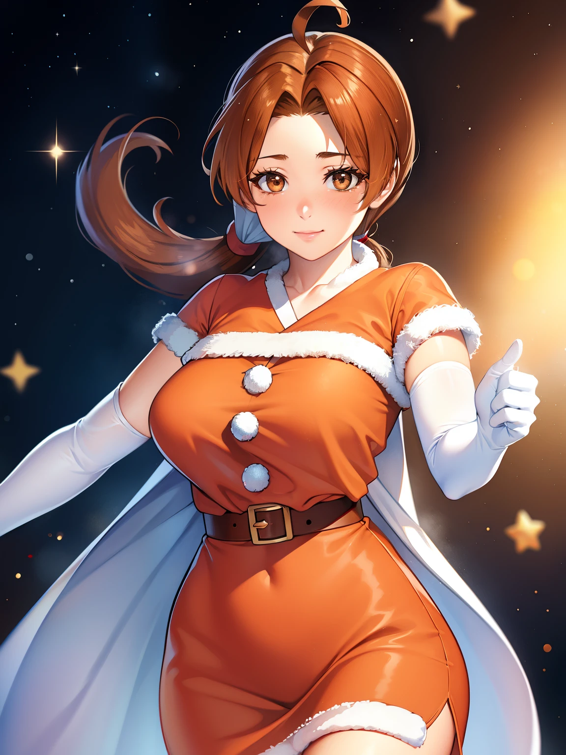 1girl, solo, masterpiece, best quality, high res, highly detailed, (illustration), beautiful detailed eyes, deliaketchum, brown hair, (brown eyes:1.7), parted bangs, (ahoge:1.5), ponytail, low ponytail, ,glossy lips, light makeup, warm smile, long white satin elbow gloves ,cowboy shot, (santa), red santa dress, full body, elbow white gloves, long white gloves