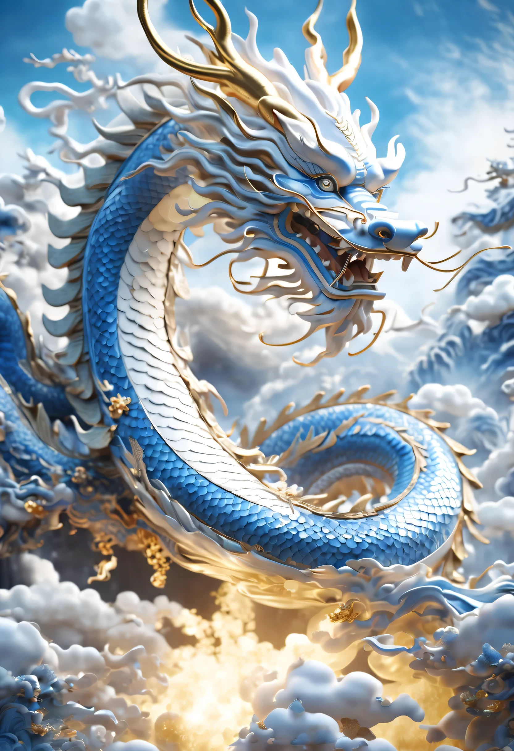 Zhuogan, China, Blue and white porcelain dragon pattern, The dragon hovers in the sky,Chinese dragon tin foil gold,The scene is magnificent,c4d渲染, ultra-realistic realism, Works of masters, 电影灯光, hyper HD, finely detailled, colorgrading,32K HD