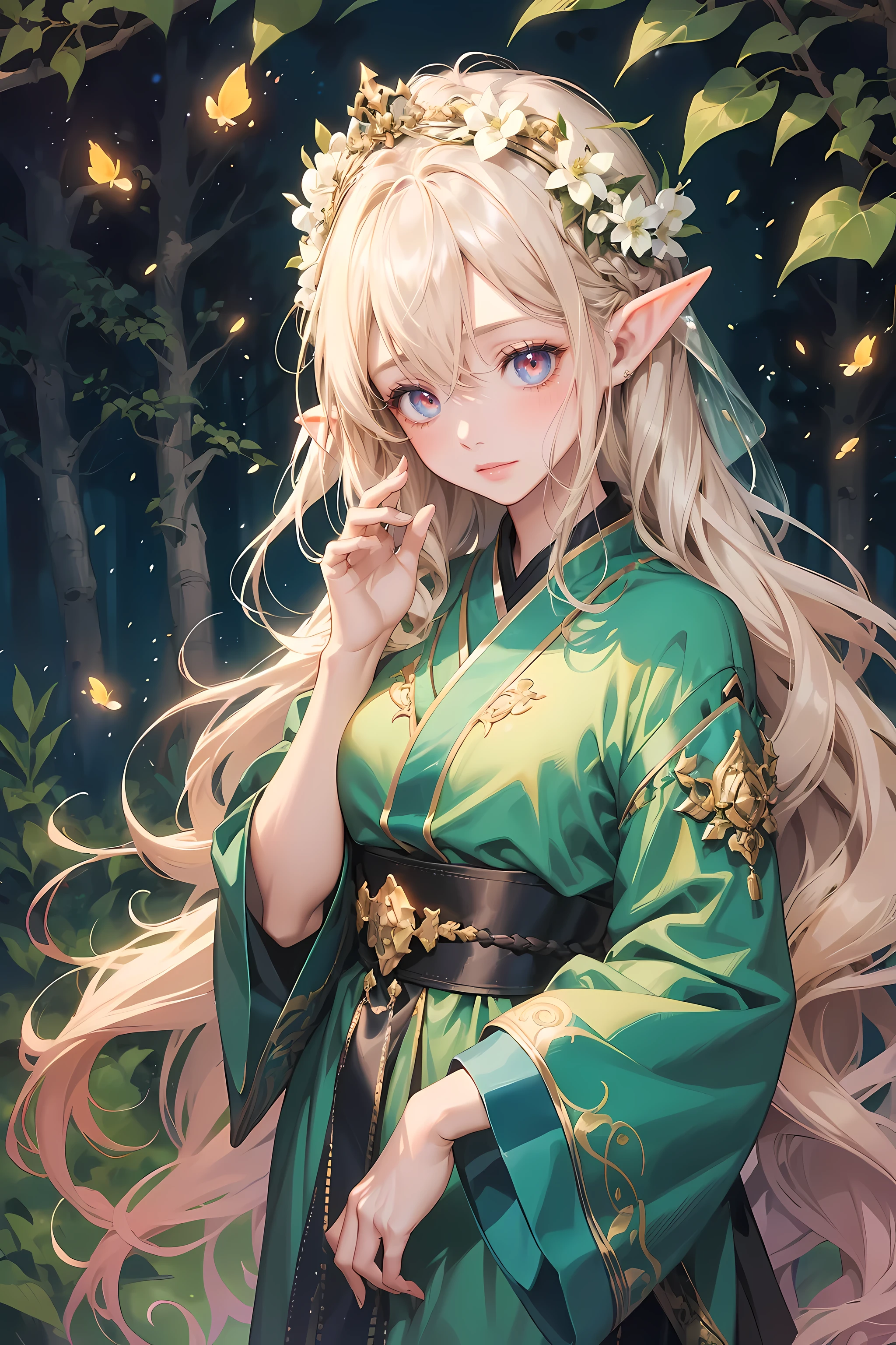 eyeline,(Horny eyes:1.4),(faeries:1.2),(A high resolution,Best quality,like a dream,obsessed,at a forest,faeries),(Vibrant colors,ultra - detailed),(美丽Horny eyes,Mottled sunlight,Whimsical creatures,sparkling mysterious mist,Evocative atmosphere otherworldly beauty),(magical light,Faint ethereal light),(in pastel shades,fantasticcolors),(Dancing fireflies,活泼的faeries,Breeze whispered),Exquisite and beautiful silk robe,Elf Robe,(Elf Flower Crown:1.2),(美丽Horny eyes, Vibrant colors, oil painted, flowers in the background, Fantastical Atmosphere, Fantasy elements, Magical environment, 逼真的A high resolution图像, dynamic and energetic),(vibrant with colors:1.5)