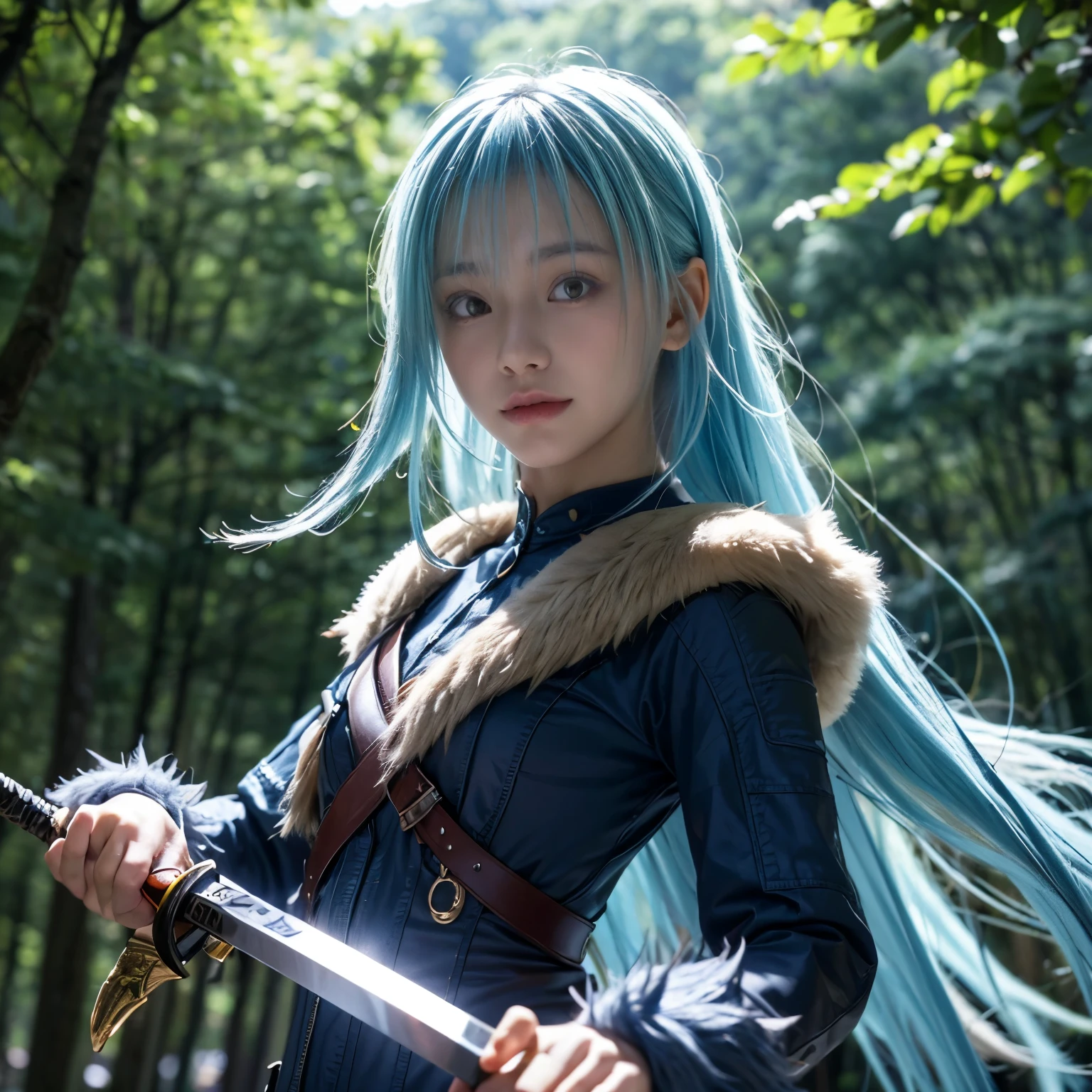 8K, best quality, best resolution, ultra detailed, cinematic lighting, realistic, bokeh, masterpiece, absurdress, beautiful, rimuru_tempest, blue hair, yellow eyes, long hair, weapon, sword, glowing sword, forest, village