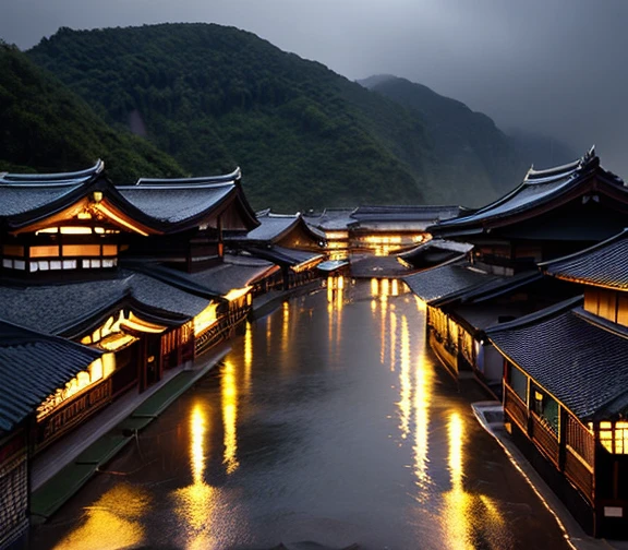 arafed view of a village with a lot of lights on the buildings, dreamy chinese town, chinese village, amazing wallpaper, japanese town, japanese village, hyper realistic photo of a town, old asian village, japanese city, by Guillaume Renard, rainy evening, cyberpunk chinese ancient castle, beautifully lit buildings, at evening during rain, beautiful and aesthetic, photography, cinematic, 8k, high detailed ((Heavy rain)))