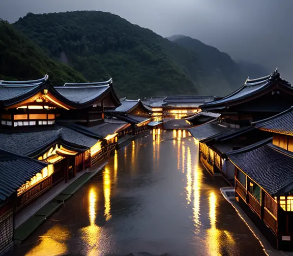 arafed view of a village with a lot of lights on the buildings, dreamy chinese town, chinese village, amazing wallpaper, japanes...