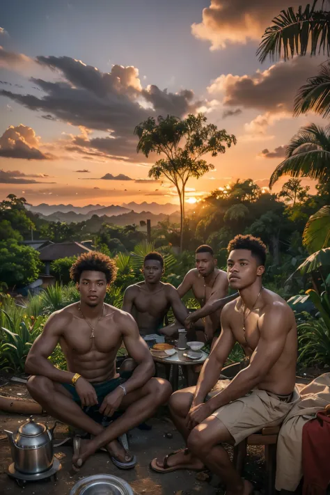((best quality)), ((masterpiece)), (detailed), perfect face a gang of papua new guinea boys standing beside a old broken buildin...