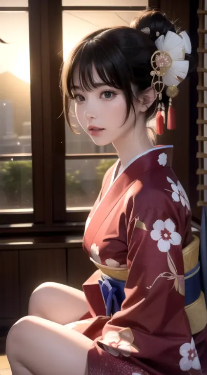 (best quality,photorealistic),solo,beautiful Japanese woman,traditional kimono,natural posture,gentle smile,impressive gaze,trad...