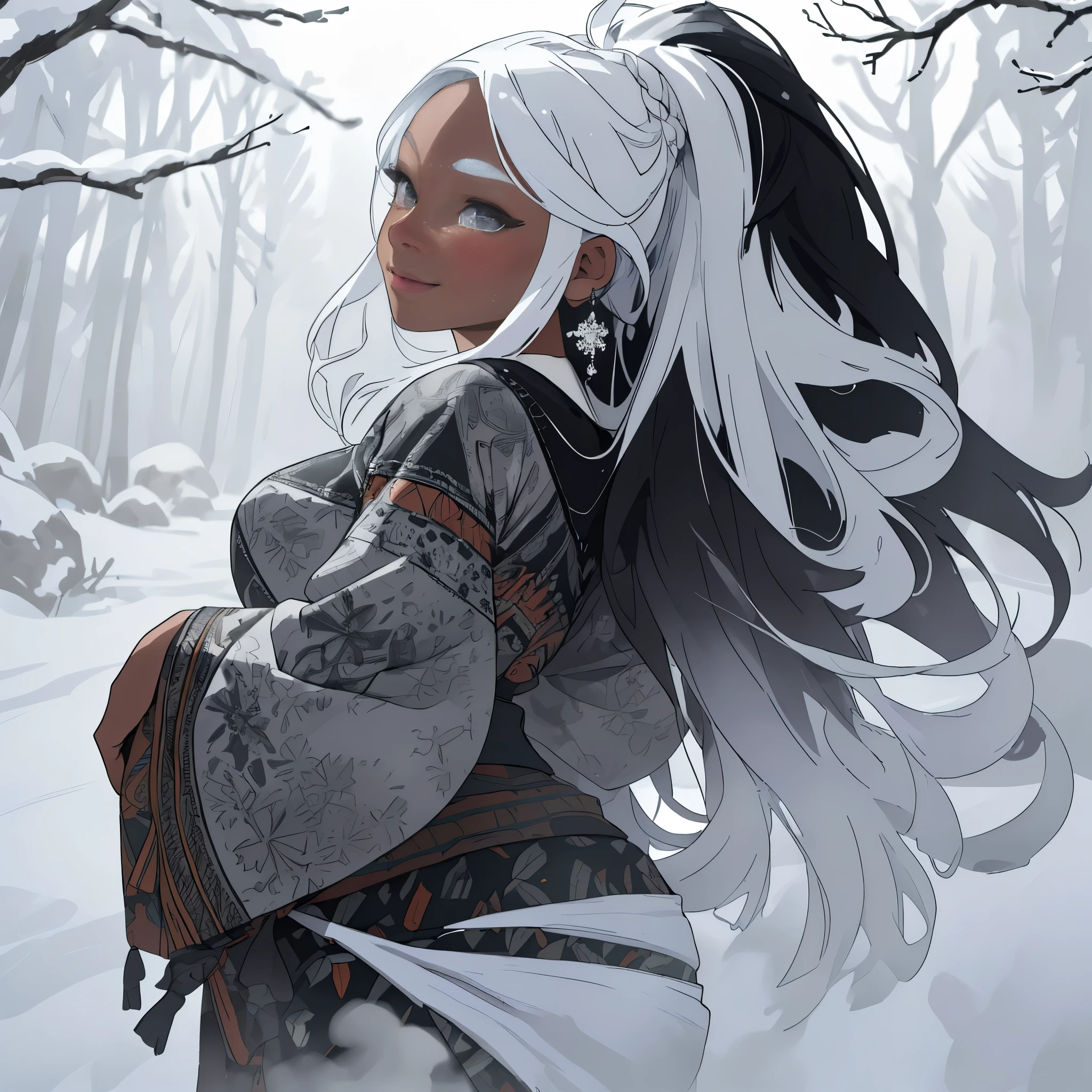 (best quality,4k,8k,highres,masterpiece:1.2),ultra-detailed,(realistic,photorealistic,photo-realistic:1.37),hot spring, snowy forest, tribal woman, long black and white hair, beautiful detailed eyes, beautiful detailed lips, extremely detailed eyes and face, long eyelashes, bewitching thighs, exposed butt, beautiful butt, back view, looking at viewer, dark skin, sweaty body, snowy scenery, steam rising, serene atmosphere, natural surroundings, tribal clothing, intricate patterns, alluring gaze, snowflakes falling, calm expression, serene smile, misty air,  pose, enticing curves, specks of snow on hair, elegant posture, mesmerizing charm, tribal accessories, relaxed ambiance