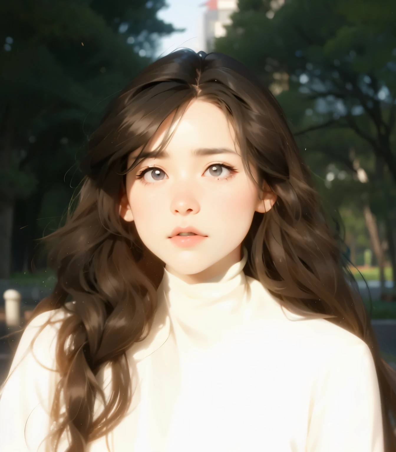 French-German woman with long hair and white shirt standing in the park, xintong chen, chengyou liu, Xision Wu, yanjun chengt, Parking distance - minutes, Cui Xianhua, Nam Jae-yeon, mingchen shen, li zixin, Avatar avatar, jiyun chae, pengzhen zhang, zeng fanzh