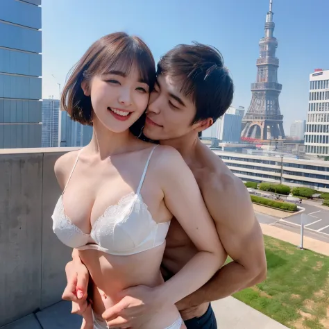 young couple in love、Underwear、(Deep kiss while rubbing breasts、Touching the crotch、looking each other、Expression of pleasure、top-quality、8K、Top image quality、profetional lighting、Pretty Woman、Precision Hair、Beautiful and delicate skin、no-makeup、A slender、...