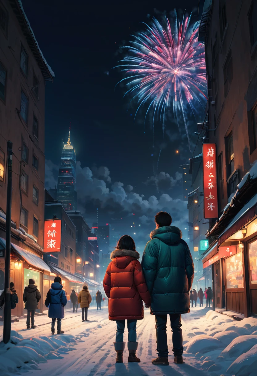 at winter season，(A cute couple, wearing down jackets, cuddling together, standing behind the wall, with their backs to the audience)，Watch fireworks in the night sky, The night sky is filled with fireworks, (skyscrapper，City night view in the background, Fireworks in the background), illustratio, Warm and joyful atmosphere, illustration, New Year’s Day, 下雪的at winter season新年夜, 可爱illustratio, background artwork, 风格化数字illustratio，(first-person view, pov, Ghibli-like colours, UHD, masterpiece, ccurate, anatomically correct, textured skin, super detail, high details, high quality, best quality, 8k)