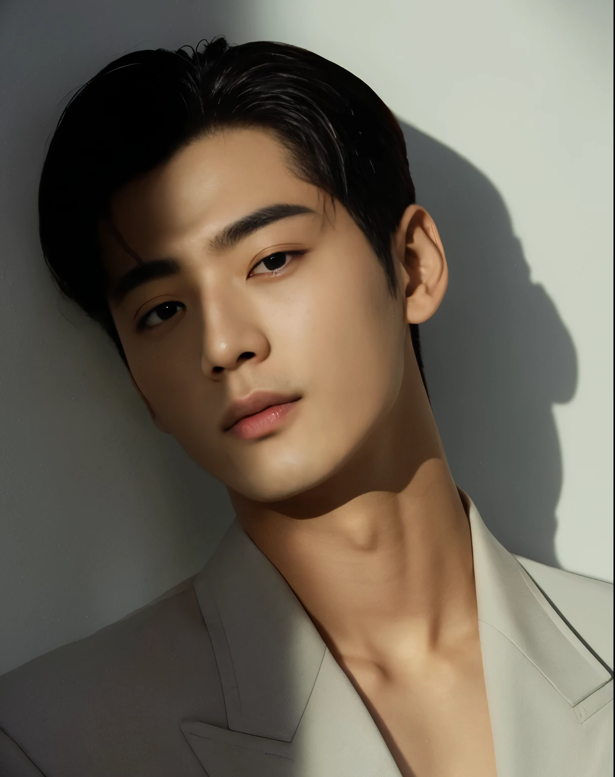 Imagem de um homem de terno encostado em uma parede, inspirado em Zhang Han, Jung Jaehyun, Jinyoung Canela, Cai Xukun, Hyung Tae, Yanjun chengt, Yan, Kim Siwoo, bian luan, Hsiao-Rony, cara bonita, Jin Shan, Hyung Tae kim, Hong June Hyung, Macho bonito, rYan jia