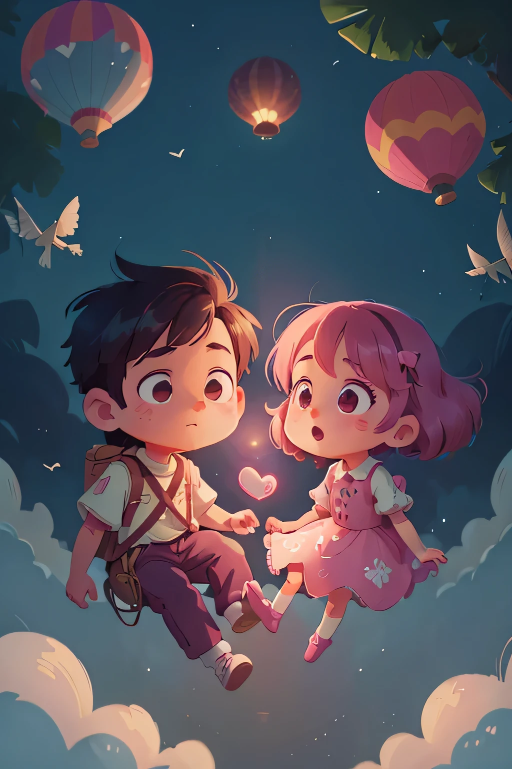 A cartoon couple flying in the sky in a pink hot air balloon - SeaArt AI