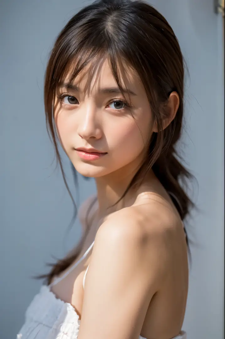 Young japanese lady, 30s, White background, It features a simple背景, white-brown hair, slender, 4K, in 8K, High quality, Beauty, Beautiful eyes, It features a simple, High resolution,1 person,Beautiful skins,Beautiful skin