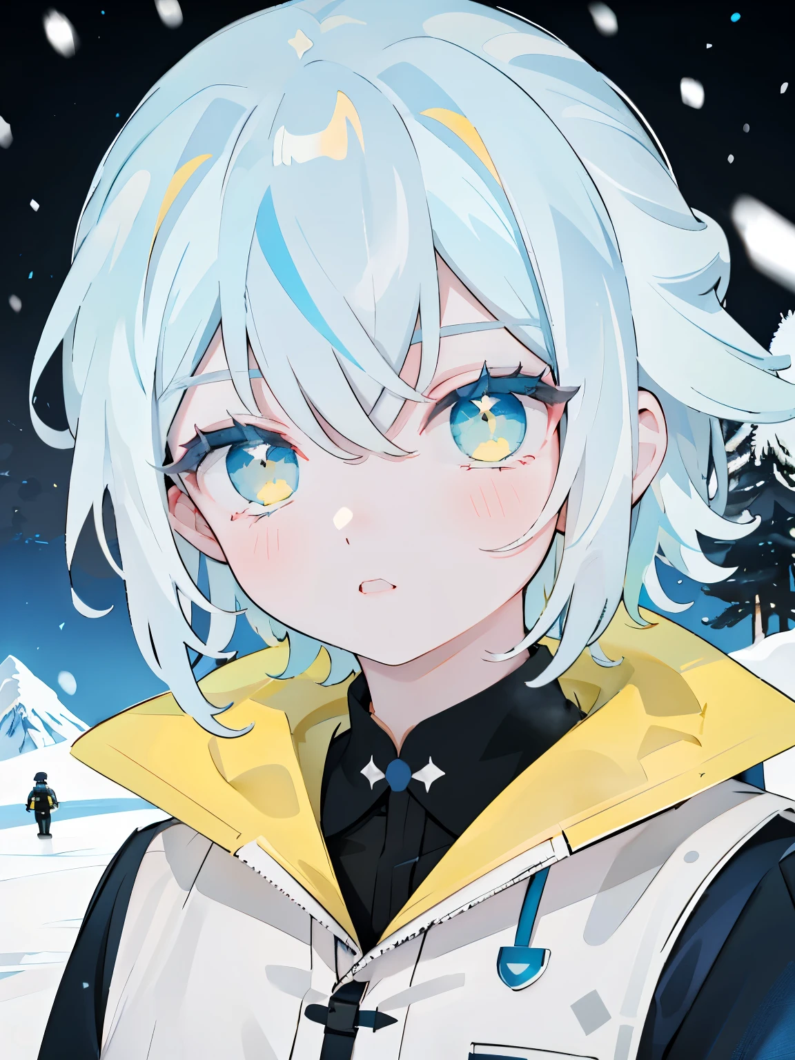 Best Quality、masutepiece、Ultra-detailed、face perfect、Extremely detailed、Extremely delicate、1 boy, (cute little), Angel, lightblue hair、half up、place々Blue Mesh、blue and yellow gradient eyes、Noble attire、Black coat、Gray collared shirt、Black pants、snow mountains、snow blowing