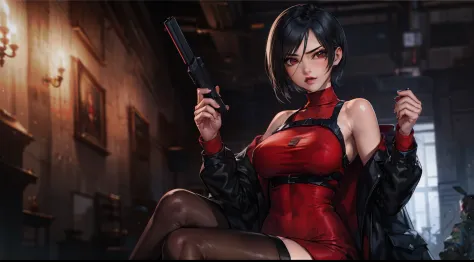 alta resolução, obra-prima, melhor qualidade, 1girl, ada wong \(resident evil\), militar, sitting, roupa futurista, red dress, e...